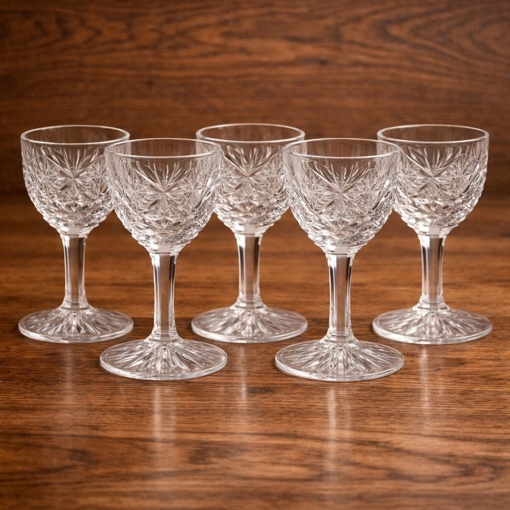 Set‎ of 5 Cut Glass Cordial Goblets Starburst Etched Small Stemware 3.5"